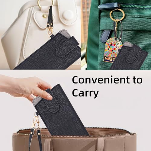 CHANGAR Portable Glasses Case Soft Leather Sunglasses Case with Wrist Strap Travel Sunglass Organizer Pouch with Hanging Hook - color: Black