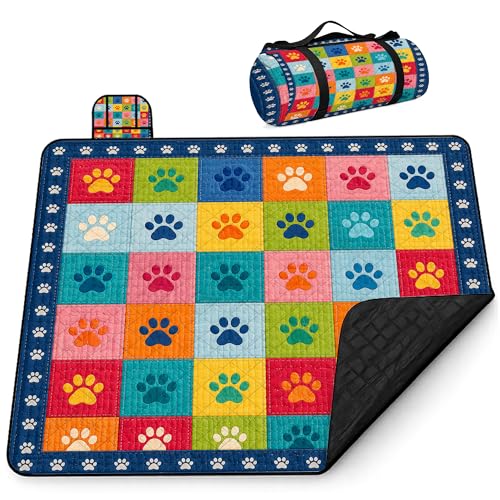 Personalized Waterproof Sandproof Beach Blanket 80''x80'', 3-Layer Foldable Picnic Blanket with Carry Strap, Camping Travel Outdoor Mat for Beach Park Hiking (Paw Print) - color: Paw Print
