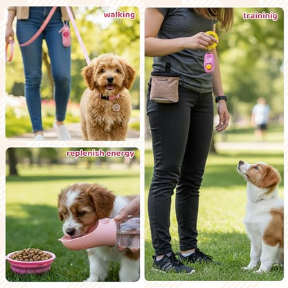 FLYSTAR Puppy Supplies Starter Kit - 42 pcs Puppy Essentials Includes Dog Squeaky Toys, Collar, Leash, Treat Bag, Poop Waste Bag, Blanket, Bowls, Water Bottles, Brush, Training Clicker and More. - color: Pink, size: 42 pcs