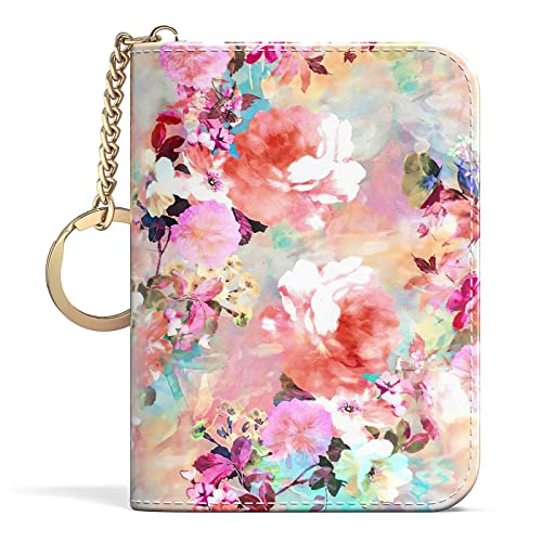Aiawoxc Credit Card Holder for Women, Small RFID Wallet Slim Leather Card Organizer Case with Zipper Keychain, Watercolor Flower - color: B-Watercolor Flowers, size: Keychain