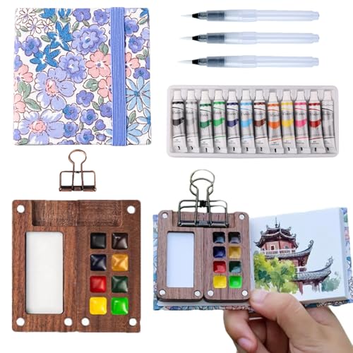 Aimery Mini Watercolor Paint Travel Set, Portable Pocket Size Water Color Painting Kit with Wooden Palette, Refillable Brush & Sketchbook(Lavender) – Gift for Birthdays, Beginners, Art Lovers - style: Lavender