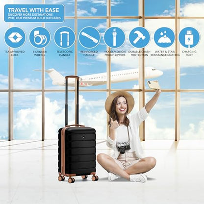 Flight Knight 22x14x9 Expandable Carry On Suitcase Hardside TSA Lock USB C Port Lightweight Luggage Silent Double Spinner Wheels Maximum Overhead Carry-On Bag American United Approved Black/Tan - color: Black/Tan, size: 22x14x9"