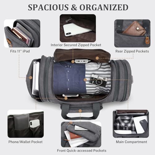 Gonex Canvas Duffle Bag for Travel 50L Expandable Duffel Weekend Overnight Bag men (Gray) - color: Grey, size: Large-50L (Without Shoe Compartment)