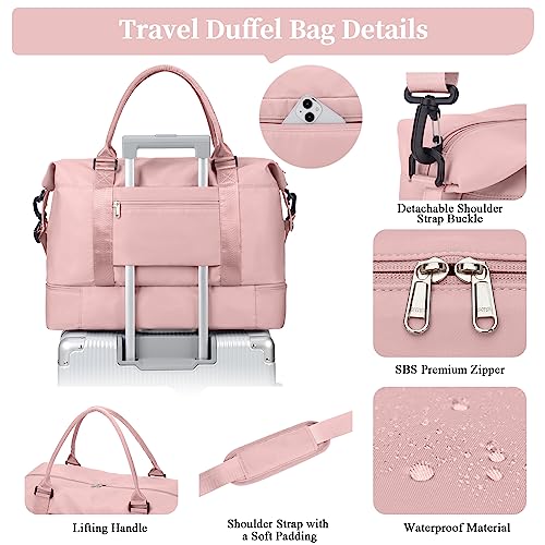 SYCNB Weekender Bags for Women,Personal Item Travel Bag with Shoes Compartment,Overnight Travel Duffel Bag with Separate Toiletry Bag&Mini Crossbody Bag,Gym Bag - color: C-Pink-3pcs, size: Large