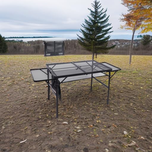 Nice C Folding Grill Table, Camping Tailgate Metal Table, 2 Tier Mesh Grill Station, with Metal Folding Adjustable Height&Width, Mesh Net, Carry Handle, for Outdoor