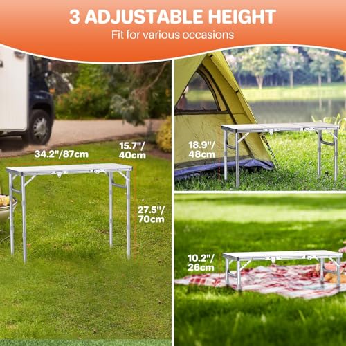 FUNYKICH 3ft Portable Folding Table with 3 Adjustable Height, 34.2'' Lx15.7'' W Camping Tables, Lightweight Aluminum Outdoor Picnic Table with Carry Handle for Car Camping, Outdoor Dining, Beach - size: 34.2''x15.7''x27.5''(White)