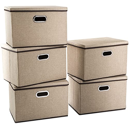 PRANDOM Large Collapsible Storage Baskets with Lids [5-Pack] Jute Fabric Foldable Storage Bins Boxes Organizer Containers Cube with Cover for Home Bedroom Closet Office Nursery (17.7x11.8x11.8) - color: Khaki, size: L(5-Pack)
