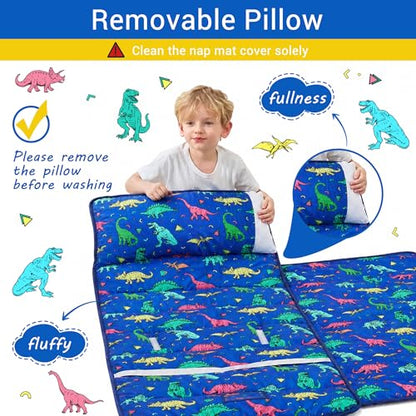 Lasoftan Toddler Nap Mat with Pillow and Blanket, Extra Large Rolled Napping Mats,Slumber Bags for Boys Girls,Kids Sleeping Bag for Daycare, Preschool Travel Camping - color: Blue Dinosaur