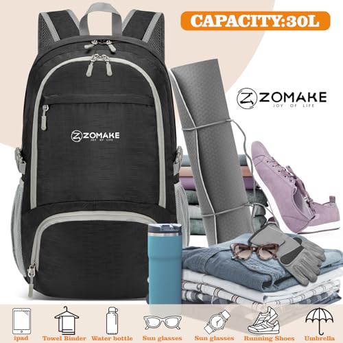 ZOMAKE Lightweight Packable Backpack 30L, Foldable Hiking Backpacks Water Resistant Compact Folding Daypack for Travel(Pure Black) - color: Pure Black
