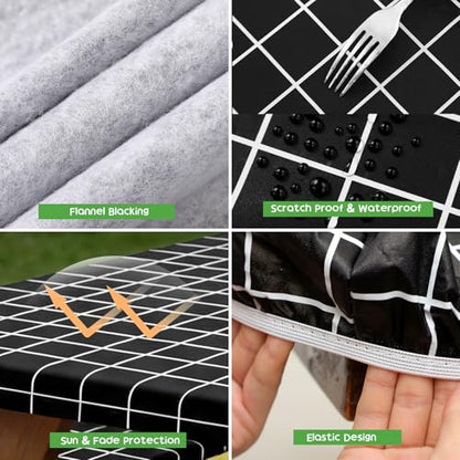 Picnic Table Cover with Bench Covers, Fitted 6ft Waterproof Tablecloth Set for Outdoor Camping & RV - Includes 1 Table Cover & 2 Bench Covers with Drawstring Storage Bag, 30"x72", White Black Grid - color: White Black Grid