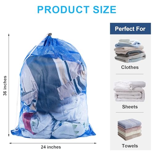 2 Pack Large Mesh Laundry Bags, 24" x 36" Heavy Duty Strong Drawstring Dirty Clothes Bags with Soft Breathable Net, Machine Washable Laundry Bag for College, Dorm, Camp, Travel and Family Use(Blue) - color: Blue