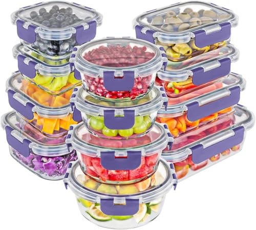 Magic Mill Premium Borosilicate Glass Food Storage Containers with lids Set | 24pc Sets with 12 Bowls & 12 Airtight Locking Lids for Lunch & Meal Prep, Safe for Oven, Freezer, Dishwasher, BPA-Free - color: Purple