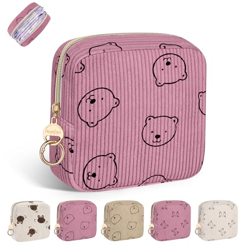 Period Bag for Teen Girls, Corduroy Sanitary Napkin Storage Bag, Menstrual Pad Pouches Tampon Holder for Purse (Bears-Pink) - color: Bears-pink