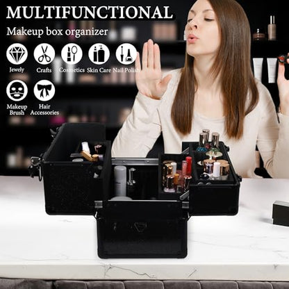 Large Makeup Train Case Cosmetic Organizer Case Makeup Box Portable Make Up Artist Travel Case with 4 Trays with Dividers Lockable Hard Train Case Nail Tech Supply Storage - Starry Black - color: Starry Black-M