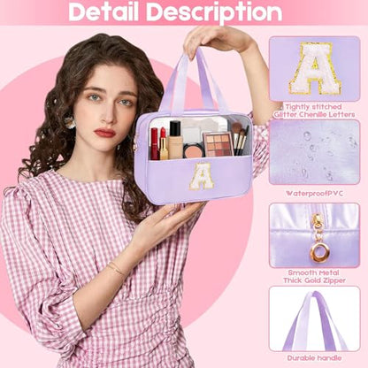 Personalized Initial A Clear Purple Makeup Bag - Large Travel Toiletry Bag, Cute Cosmetic Organizer Set for Girlfriend, Teacher, Teen Girl Gifts - color: Purple, style: A