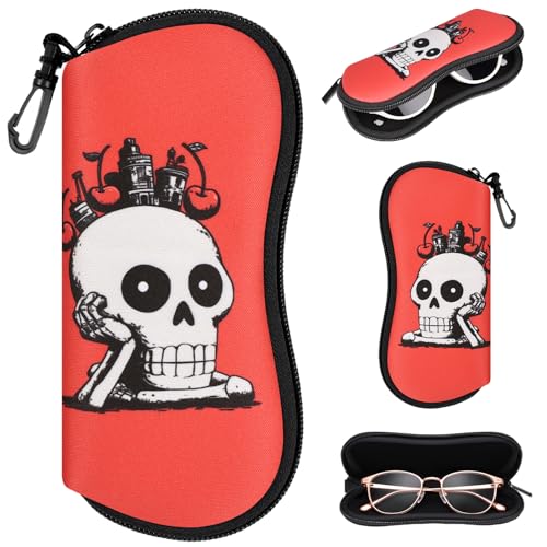 Sunglasses Case with Belt Clip, Ultra Light Neoprene Zipper Soft Padded Glasses Case for Women Men - color: Fun Skull