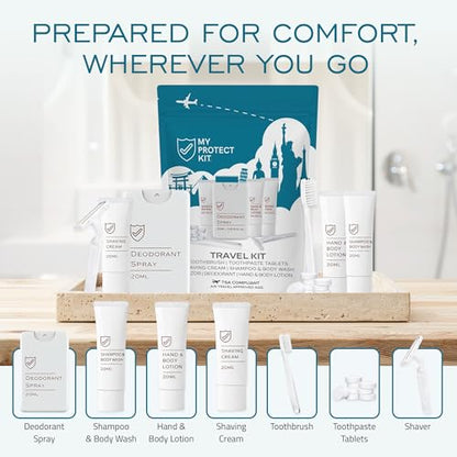 MY PROTECT KIT Travel Kit - 20 Pieces Travel Size Toiletries Set, Toothbrush, Shaver, Toothpaste Tablet, Shampoo & Body Wash, Shaving Cream, Lotion, Deodorant Spray, Pack of 1 - size: Travel Kit (Pack of 1)