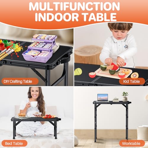 FUNYKICH 2ft Small Foldable Camping Table(22.8'' Lx15.7'' W), 3 Height Adjustable Portable Folding Table, Lightweight Aluminum Outdoor Table with Carry Handle for Camping, Beach, Picnic, Black - size: 22.8''x 15.7''x26.4''(Black)