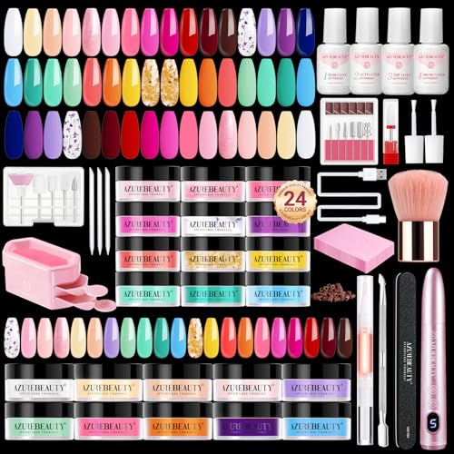 AzureBeauty Dip Powder Nail Kit with Electric Nail Drill 24 Colors Summer Green Pink Orange Nail Starter Kit with Dip Liquids Base Top Coat Activator Portable Manicure French Nail Art Essential Set - color: Bright Yellow Green Blue