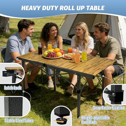 29.9" Tall Folding Camping Table for 2-6 Person, 54.7" Large Aluminum Foldable Roll-up Table Outdoor with Carry Bag for Picnic, Camp, Sturdy, Backyard, Patio - color: Natural