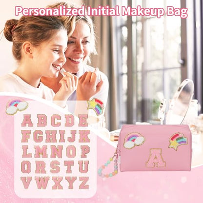 Initial Makeup Bag for Girls, Cute Makeup Bag Small Cosmetic Bag Travel Make Up Organizer Pouch, Birthday Gifts for Girls 4 5 6 7 8 9 10 11 12 13 14 15 Years Old, Teen Girls Gifts Trendy Stuff - color: Pink + Bracelet, style: A