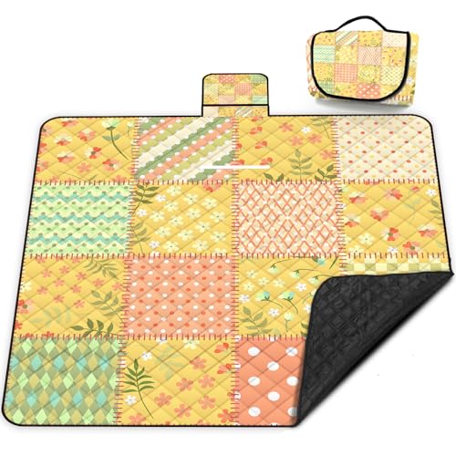 Extra Large Picnic Blanket Waterproof,80"x 80"Foldable Machine Washable Beach Blanket,Outdoor Blanket for 6-8 Adults,Suitable for Indoor Crawling,Park Beach,Camping,Hiking,Family Travel(Colorful) - color: Yellow Tile, size: 6'8" x 6'8" (Square)