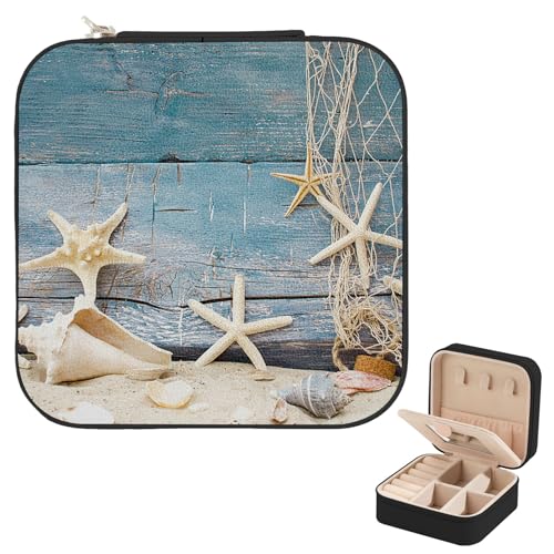 Mini Jewelry Travel Case, Seashell Starfish Small Jewelry Box with Mirror, Traveling Jewelry Organizer for Girls Women, Portable Jewellery Storage Holder for Rings Earrings Necklace Bracelet Bangle - color: Seashell Starfish