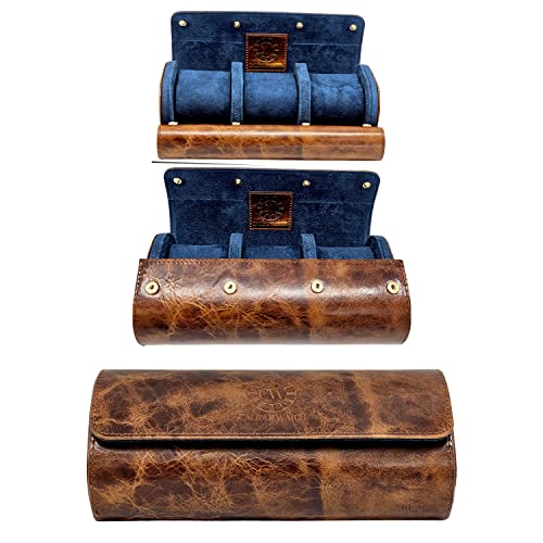 Genuine Napa Leather Watch Roll Travel Case for 3 Watches - Travel Watch Rolls and Leather Watch Display Cases with Velvet Interior - Watch Storage Organizer Men's - color: Brown