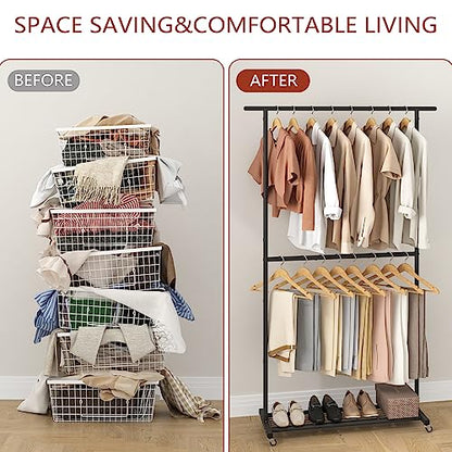 Sywhitta Double Rod Clothing Garment Rack, Rolling Coat Hanger with Bottom Mesh, Clothing Rack for Hanging Clothes, Coats, Skirts, Sweaters, Black - color: Black, size: With mesh