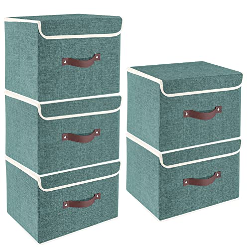TYEERS Foldable Storage Boxes with Lids 5 Pack Fabric Storage Bins with Lids, Closet Organizers for Clothes Storage, Room Organization, Office Storage, Toys - Aqua Deep - color: Aqua Deep, size: 5-pcs 14.9x9.8x9.8 in