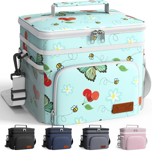 HOTOR Insulated Lunch Box for Men & Women - Leak-Proof Cooler Lunch Bag with 4 Pockets, Adjustable Strap, Ideal for Work, Picnic, Travel - Medium, Green Flower, 10.2"×6.9"×8.5" - color: Green Flower, size: 9l - 1 Tier