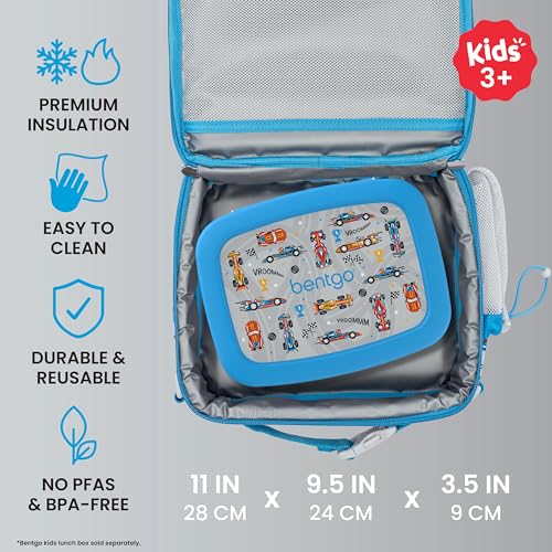 Bentgo Kids Prints Lunch Bag - Double-Insulated, Reusable, for Kids 3+, Adjustable Strap; Holds Lunch Box/Water Bottle/Snacks; Easy-Clean, Water-Resistant, Pockets (NEW Race Cars) - color: Race Cars