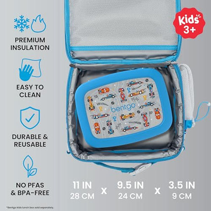 Bentgo Kids Prints Lunch Bag - Double-Insulated, Reusable, for Kids 3+, Adjustable Strap; Holds Lunch Box/Water Bottle/Snacks; Easy-Clean, Water-Resistant, Pockets (NEW Race Cars) - color: Race Cars