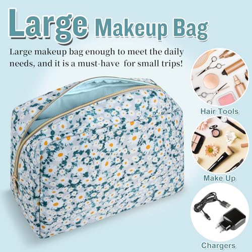 Nylon Large Floral Makeup Organizer Bag, Preppy Big Cute Flower Cosmetic Zipper Pouch Multi-compartment with Dividers, Waterproof Toiletry Makeup Brushes Bag Travel Essentials for Women(Green-Daisy) - color: Green-Daisy, size: Large