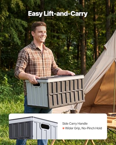 VEVOR Plastic Collapsible Storage Bins with Lids, 65L 2 Packs, Stackable Folding Storage Crates with Handles, Holds 84 lbs Per Bin, Heavy Duty Containers, Space-Saving Baskets, for Home Organizing
