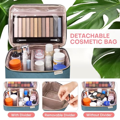 HXLGMD Large Makeup Bag with Mirror Double Layer Travel Make Up Organizer Case, Large Capacity Coemetic with Brush Slot Divider, Travel Toiletry Bag for Women (Lake Blue) - color: Lake Blue