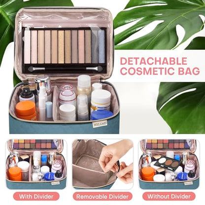 HXLGMD Large Makeup Bag with Mirror Double Layer Travel Make Up Organizer Case, Large Capacity Coemetic with Brush Slot Divider, Travel Toiletry Bag for Women (Lake Blue) - color: Lake Blue