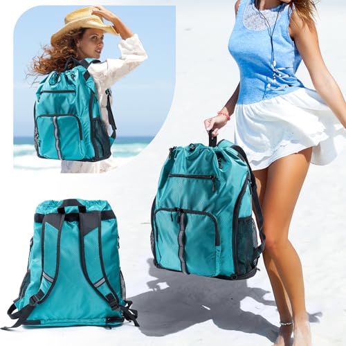 Large Beach Backpack Waterproof Sandproof - Customized Oversized Drawstring Pool Bag with Shoe Compartment for Toiletries, Towels, Gym, Travel - color: Teal
