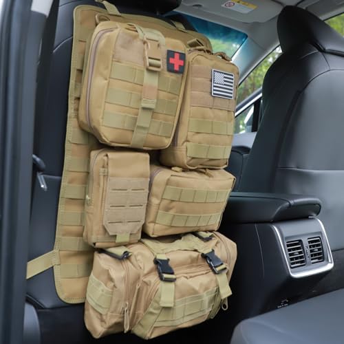 Jimikay Tactical Car Seat Back Organizer Hanger Bag with 5 Detachable Molle Pouch Vehicle Molle Panel Organizer Storage Bag Universal for for most car models (Khaki) - color: Khaki