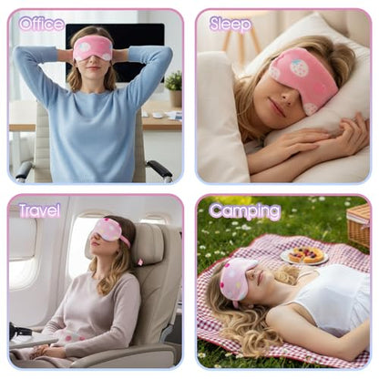 2PCS Plush Sleeping Eye Mask Soft Plush Eye Mask Fuffy Eye Cover Comfortable Sleep Mask Blindfold Rainbow Faux Fur Eye Shade for Women, Men and Kids Travel Nap Sleeping - color: Strawberry
