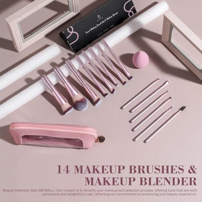 BS-MALL 14 Pcs Makeup Brushes Set with 1 Pcs Makeup Sponge – Essential Foundation Powder Concealers, Eye Shadows, Blush Makeup Brushes with Travel Makeup Case (Matte Gold Pink) - color: Matte Gold Pink