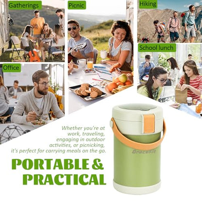 67oz/2L Thermo for Hot Food, 304 Stainless Steel Vacuum Insulated Soup Thermo, Leak-Proof Thermal Lunch Box with 3 Stackable Bento Boxes for Adults Office Travel Camping, Large thermo for hot food - color: green