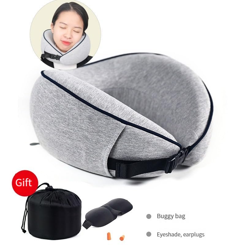 Travel Pillow 100% Pure Memory Foam Neck Pillow, Comfortable & Breathable Cover, Machine Washable, Airplane Travel Kit with 3D Contoured Eye Masks, Earplugs (Blue) - color: Blue