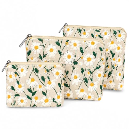 Small Cosmetic Bag Set of 3 for Purse, Cute Cotton Floral Makeup Bags, Small Makeup Bag Organizer, Cosmetic Pouch Set for Travel & Daily Use - color: Embroidered Daisy
