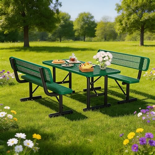 4FT Outdoor Metal Picnic Table with 2 Benches,Heavy Duty Rectangular Picnic Table Set for Outside, Waterproof Commercial Restaurant Table Furniture for Park, Campfield, Patio, Garden, Yard - color: Set A-green, size: 4FT