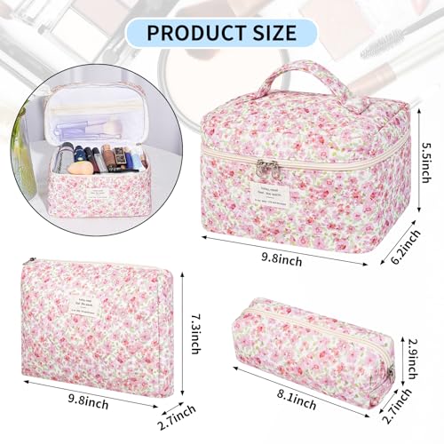 senbowe Floral Makeup Bag, 3 Pack Large Cotton Quilted Makeup Bag Set, Cute Floral Coquette Aesthetic Toiletry Bag Make Up Cosmetic Bag for Women, Toiletry Travel Make Up Organizer Bag - color: Pink-Green Flower