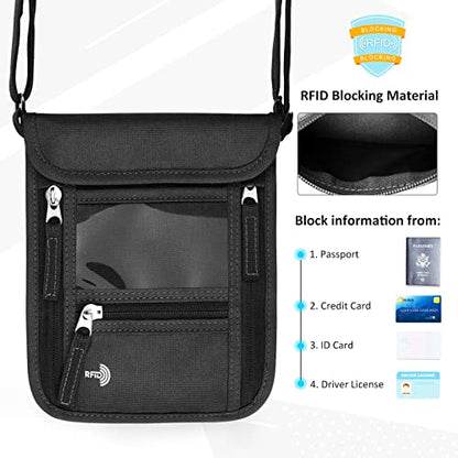 WALNEW Passport Holder Neck Pouch Travel Wallet for Women and Men, RFID Blocking Security Slim Traveling Wallet with Around Neck Lanyard Strap, Black - color: Black