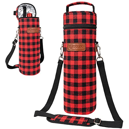 opux Wine Bag Single Bottle Carrier Tote, Insulated Wine Cooler Bag for Travel Picnic Beach with Shoulder Strap, Thermal One Bottle Holder Carrying Case Wine Gift for Women Men, Plaid Buffalo Red - color: Buffalo Plaid Red