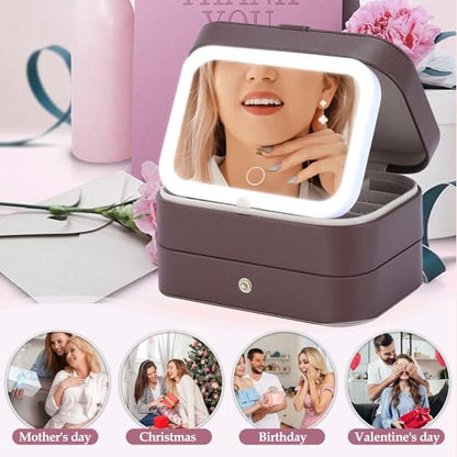 Travel Jewelry Case with LED Makeup Mirror, Portable Travel Jewelry Organizer, 2-Layer Jewelry Box for Earrings Necklace Bracelet Rings, Birthday Gifts for Women Girls (Dark Brown)