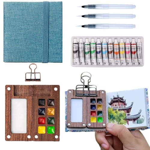 Aimery Mini Watercolor Paint Travel Set, Portable Pocket Size Water Color Painting Kit with Wooden Palette, Refillable Brush & Sketchbook(Blue) – Gift for Birthdays, Beginners, Art Lovers - style: Blue
